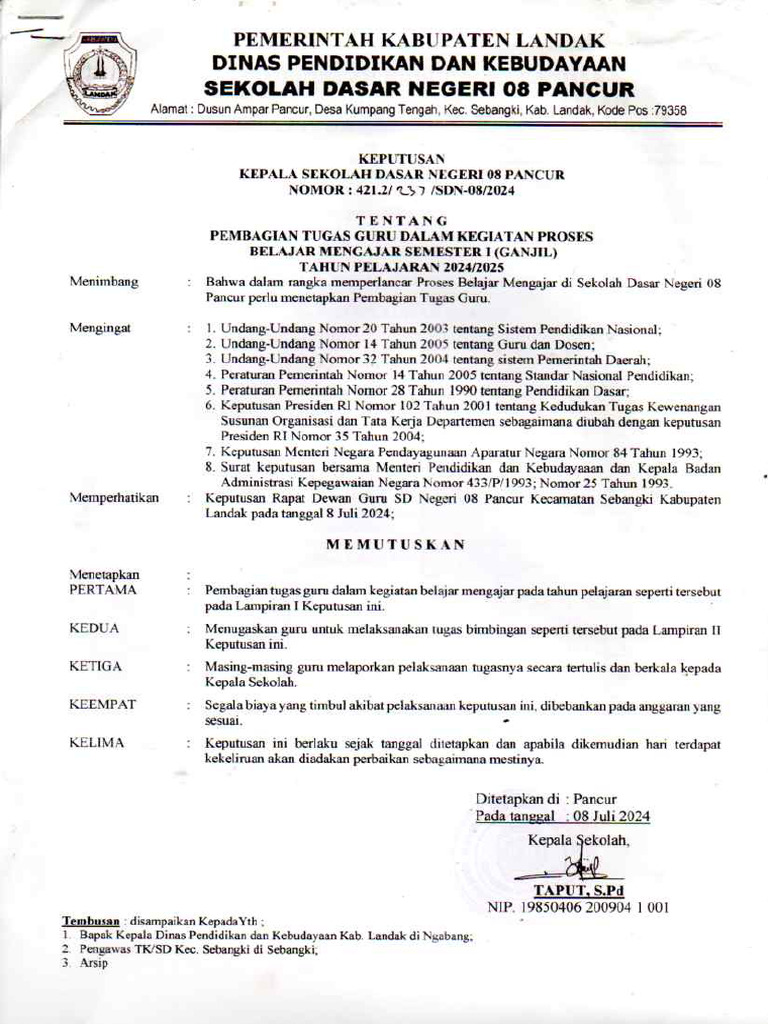 SK Kepala Sekolah Extropia Surat Tugas Mimik Tahun 2019 2024 | PDF