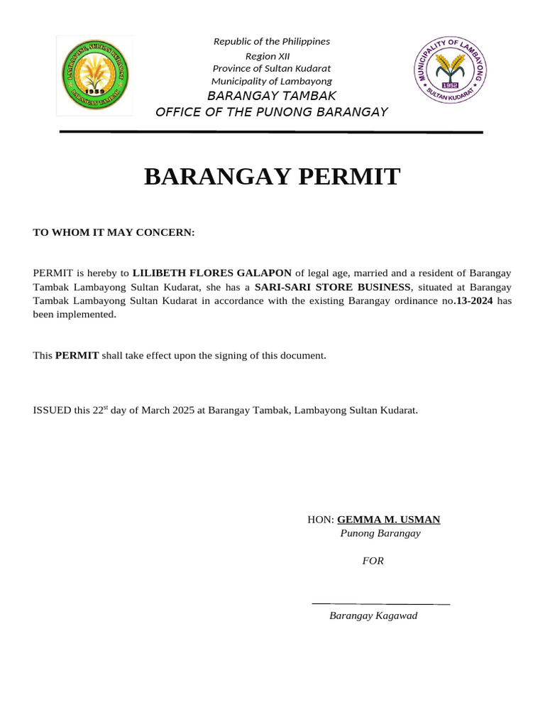 Barangay Permit for Sari-Sari Store | PDF