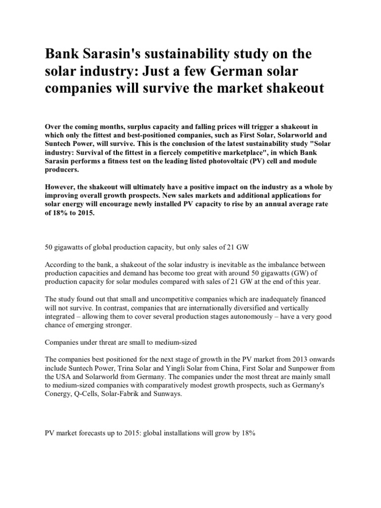 Bank Sarasin Report Photovoltaics Solar Power