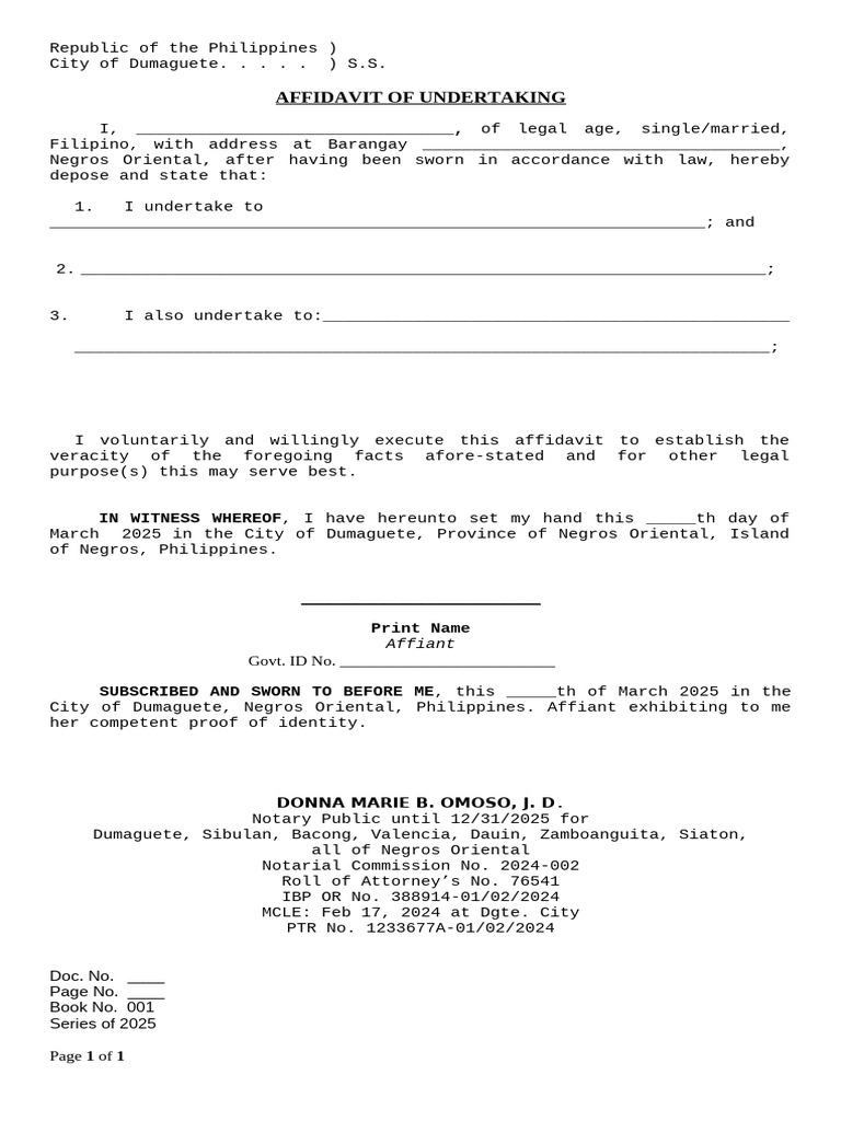 Affidavit of Undertaking Template | PDF