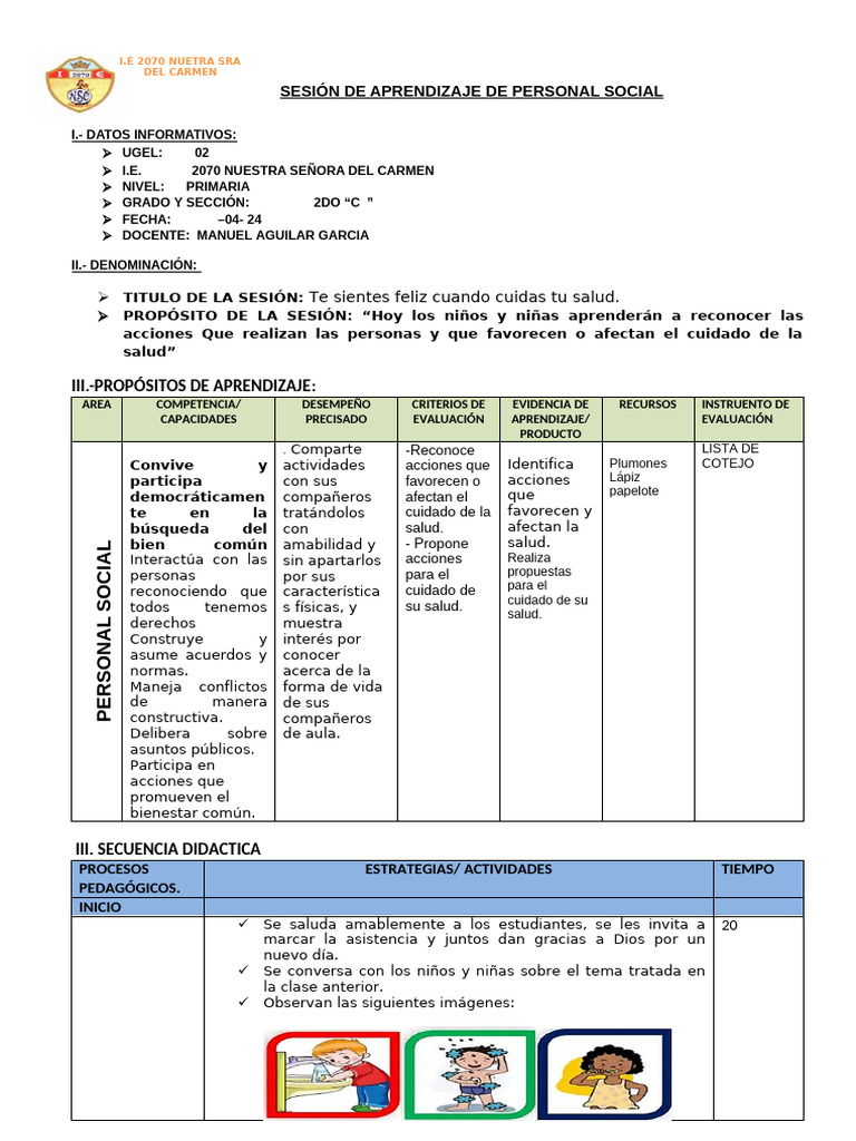 P.S - Me Siento Feliz Cuidando Mi Salud | PDF | Aprendizaje | Conceptos ...
