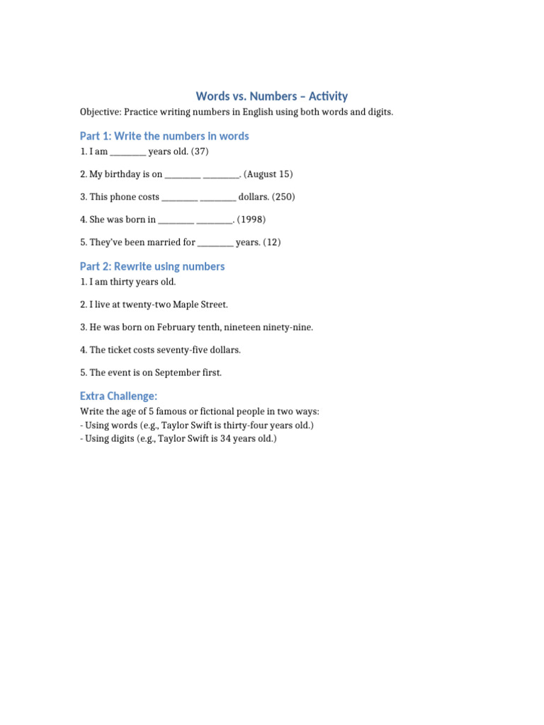 Writing Numbers in Words and Digits | PDF