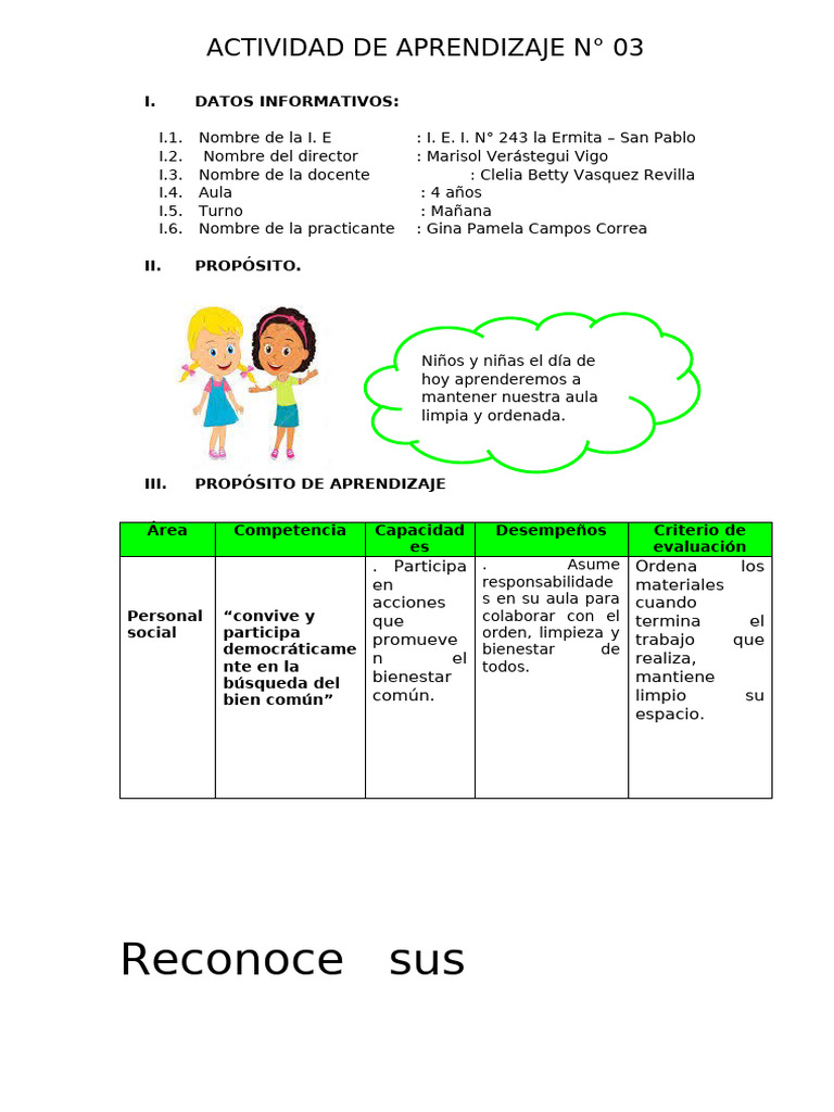 Actividad de Aula: Limpieza y Orden | PDF | Aprendizaje | Cognición