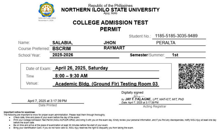 College Admission Test Permit For JHON RAYMART PERALTA SALABIA | PDF ...