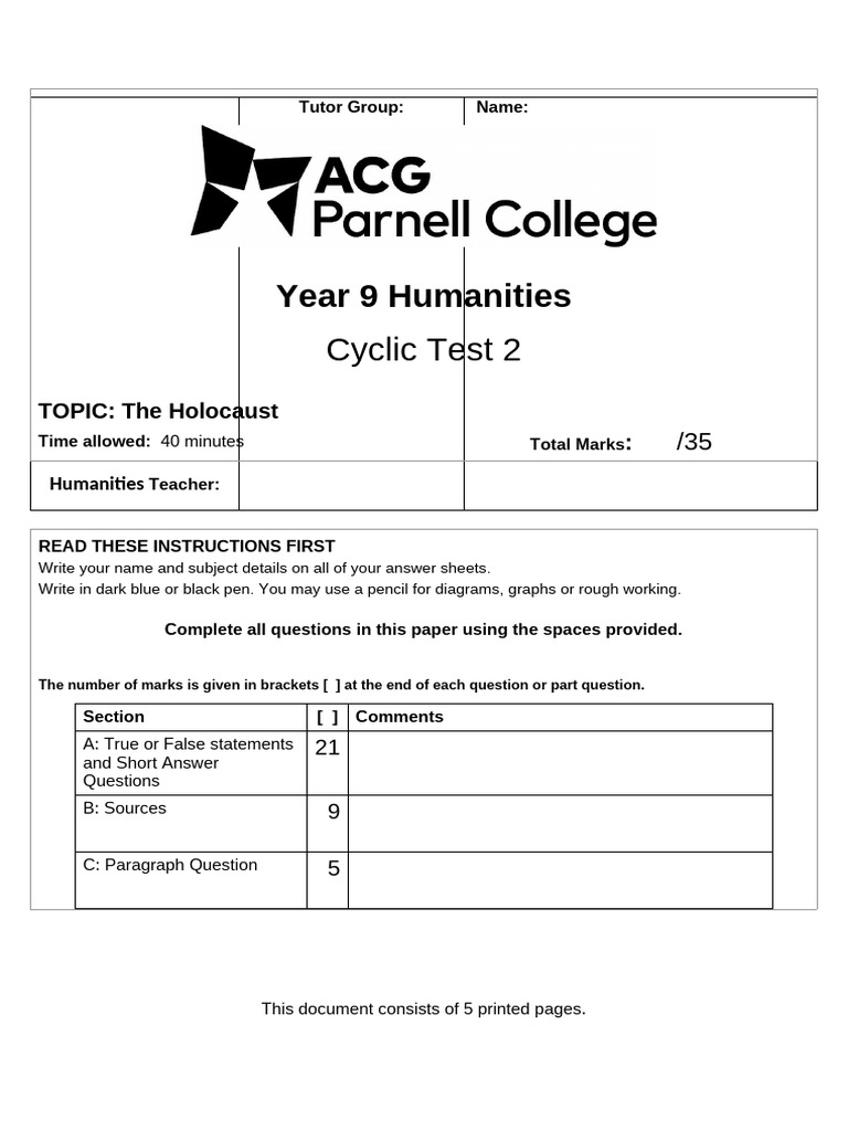 Year 9 Holocaust Humanities Test | PDF | Antisemitism | The Holocaust