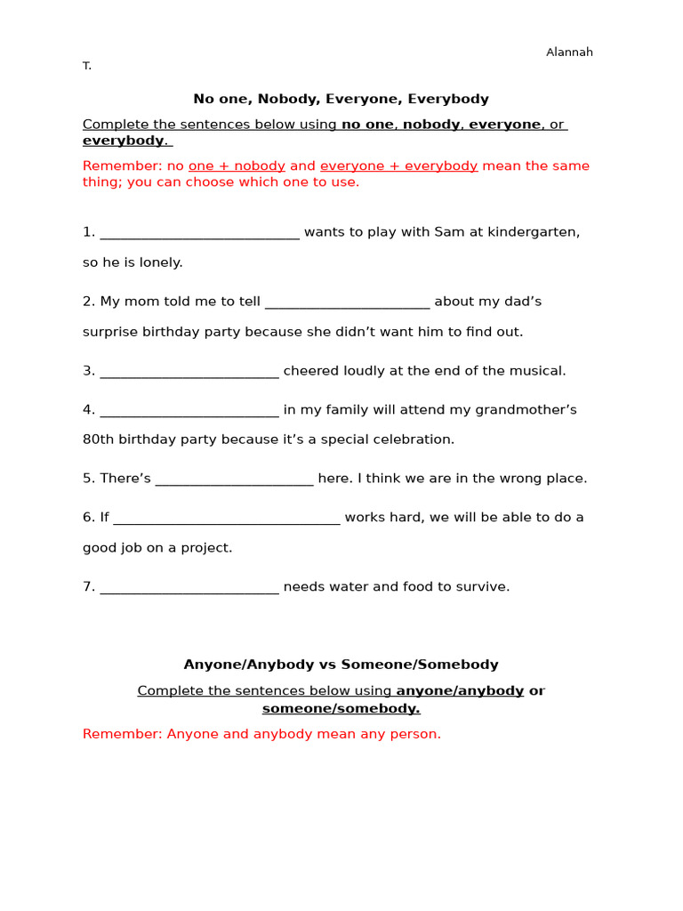 Sentence Completion: Everyone vs. No One | PDF