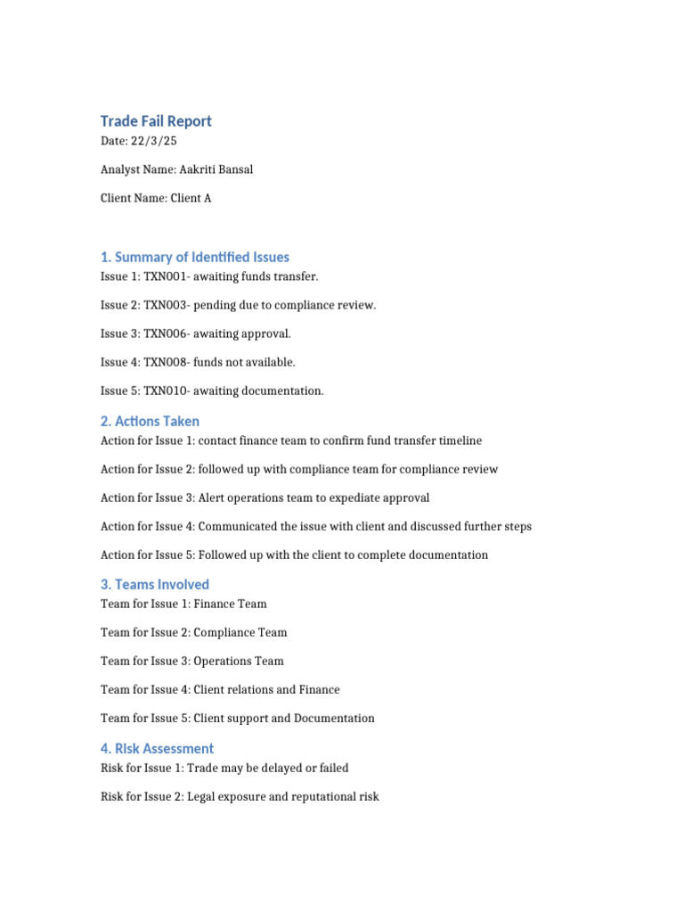 Trade Fail Report Analysis and Solutions | PDF