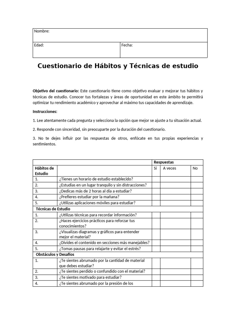 Cuestionario para Mejorar Hábitos de Estudio | PDF | Habilidades de ...