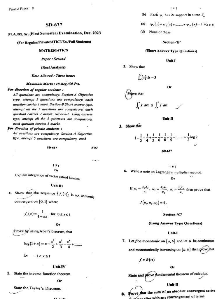 Ma MSC 1 Sem Mathematics p2 Real Analysis SD 637 Dec 2023 | PDF