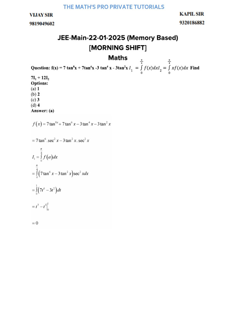 Maths-22nd Jan Day Shift Paper - Solution | PDF