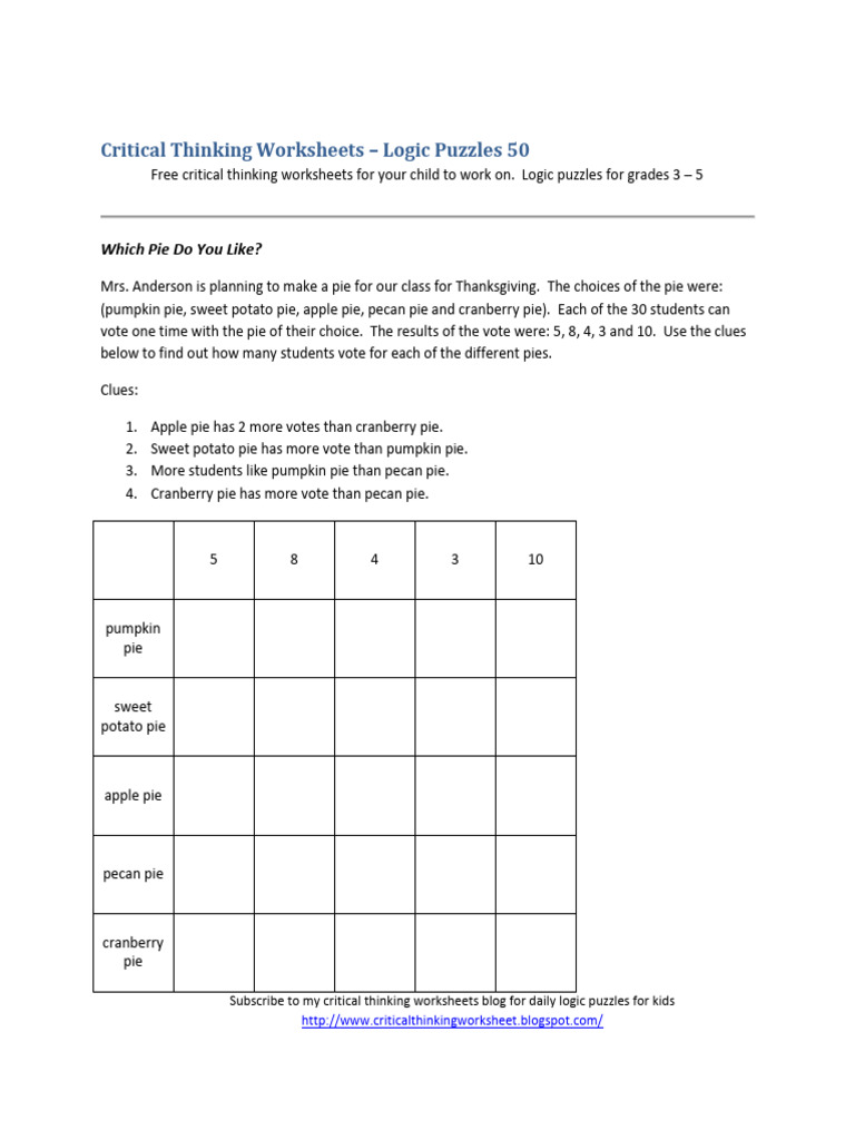 Critical Thinking Worksheet - Logic Puzzles 50 | PDF | Western Cuisine ...