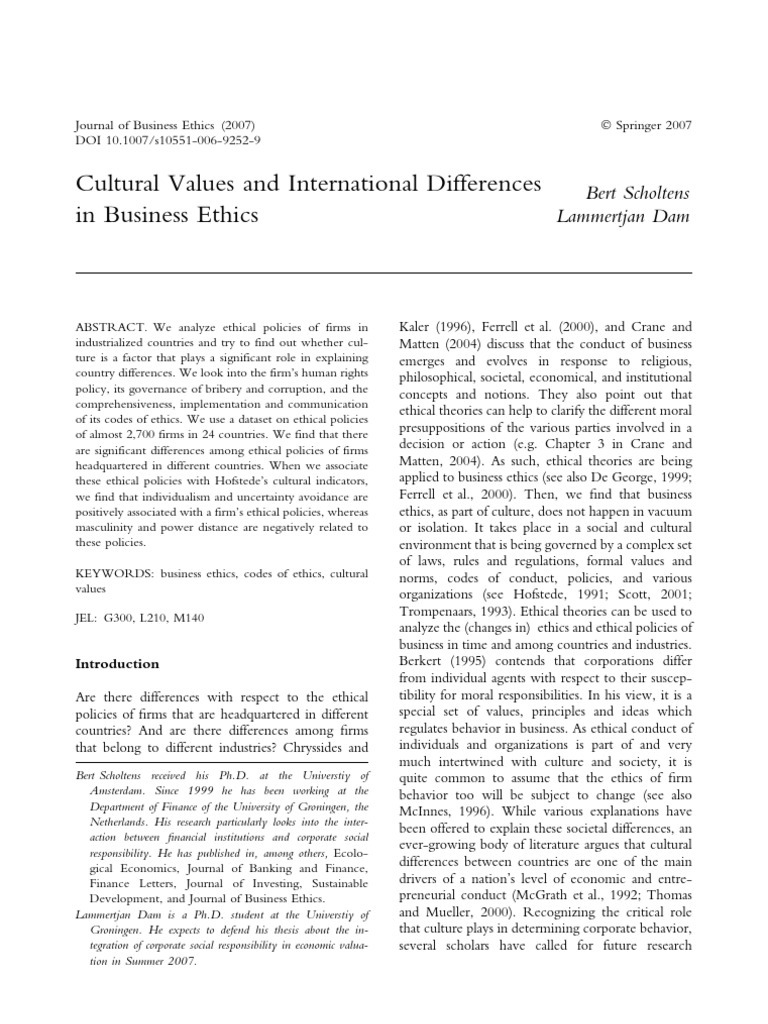 Cultural Values and International Differences in Business Ethics | PDF ...
