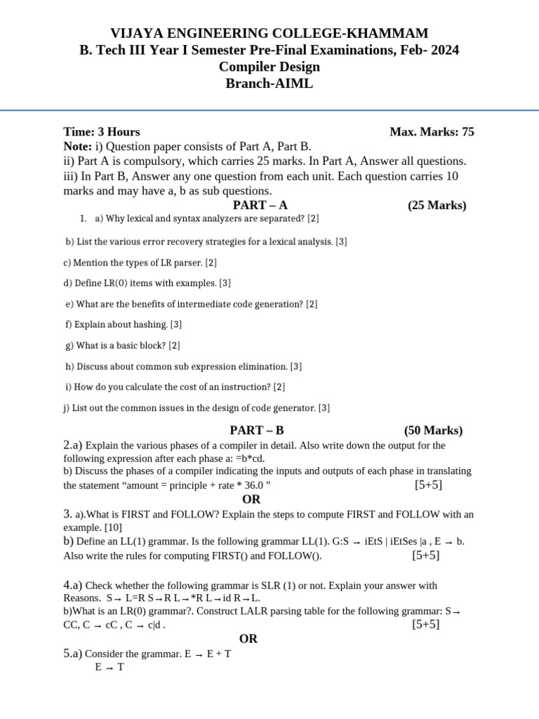 Compiler Design Pre-Final Exam 2024 | PDF | Parsing | Computer Programming