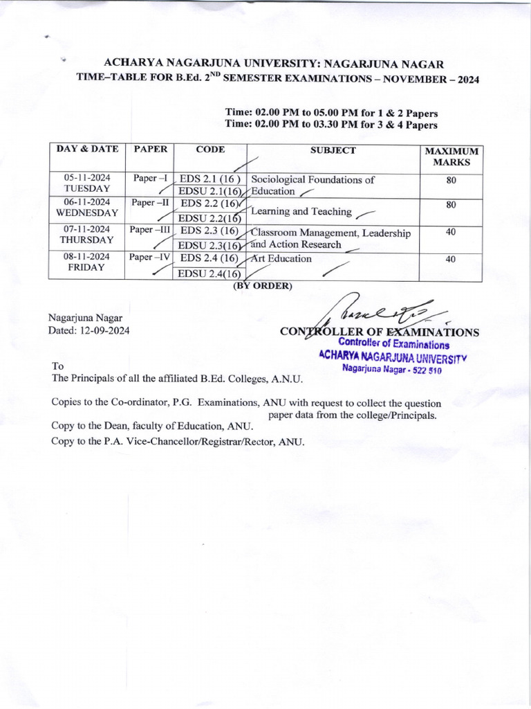 B.Ed. 2nd Semester Exam Timetable 2024 | PDF
