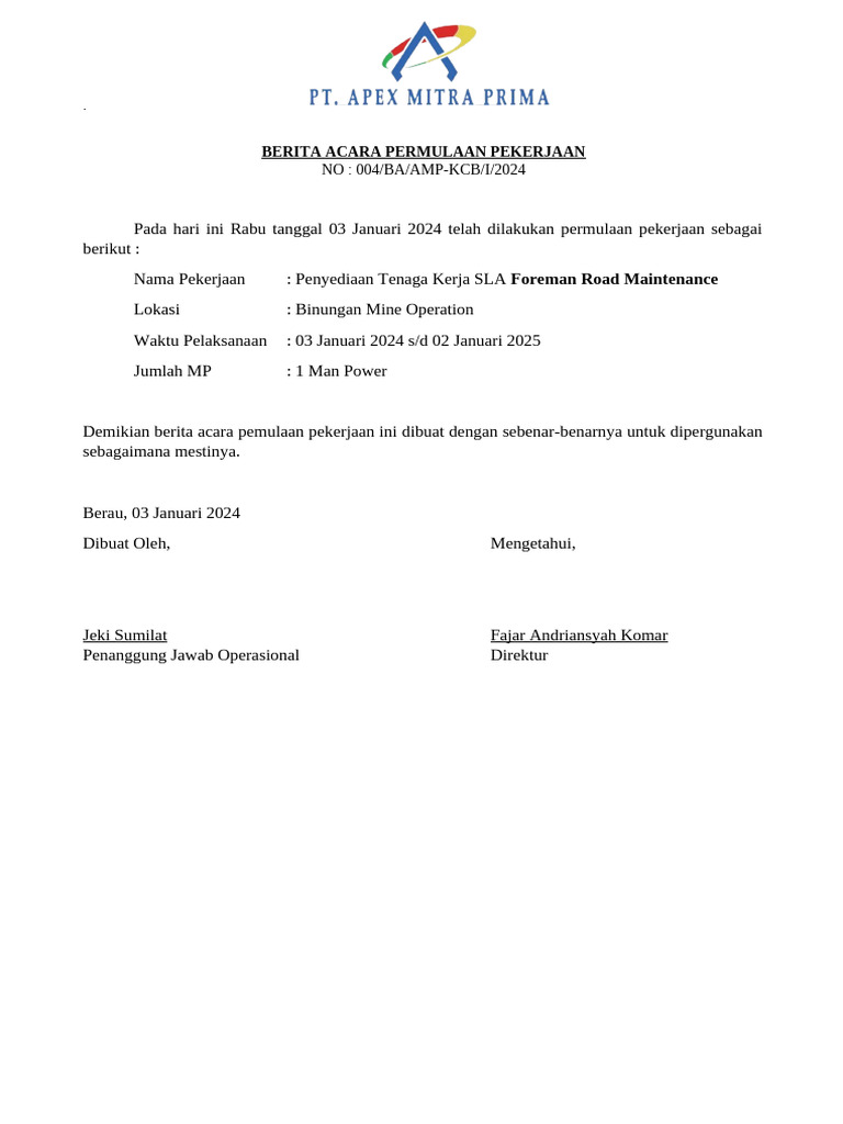 Berita Acara Permulaan Pekerjaan 2024 | PDF