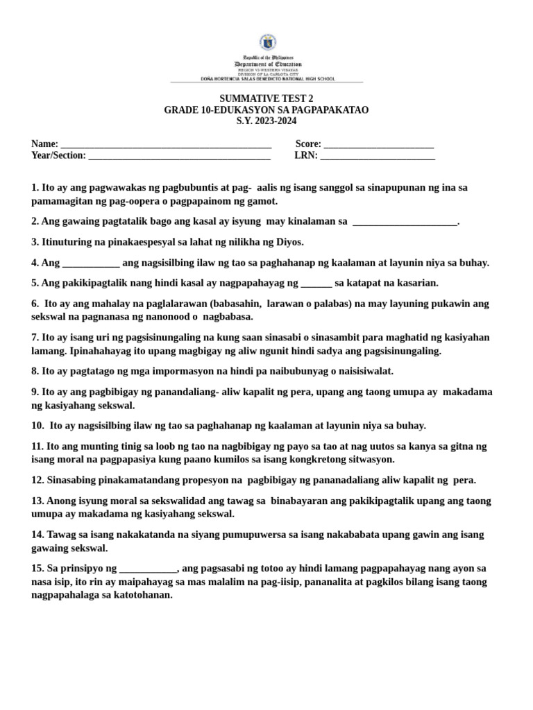 Esp 10 Summative Test 2 4TH Q 2023 2024 | PDF