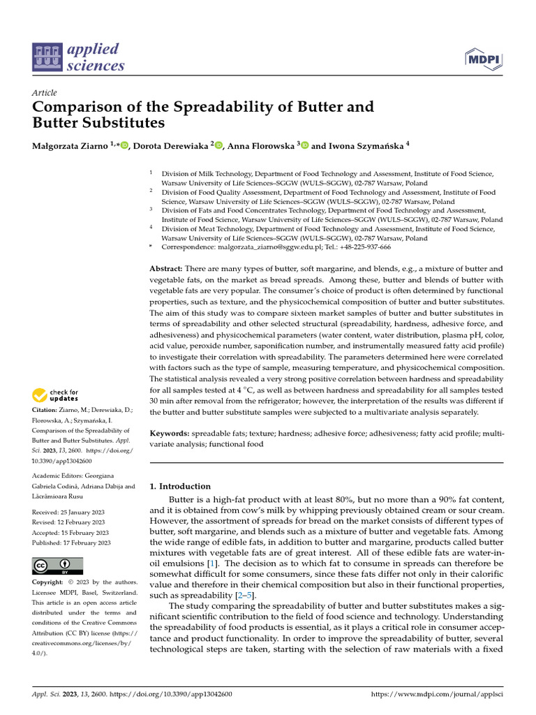 Comparison of The Spreadability of Butter and Butter Substitutes | PDF ...
