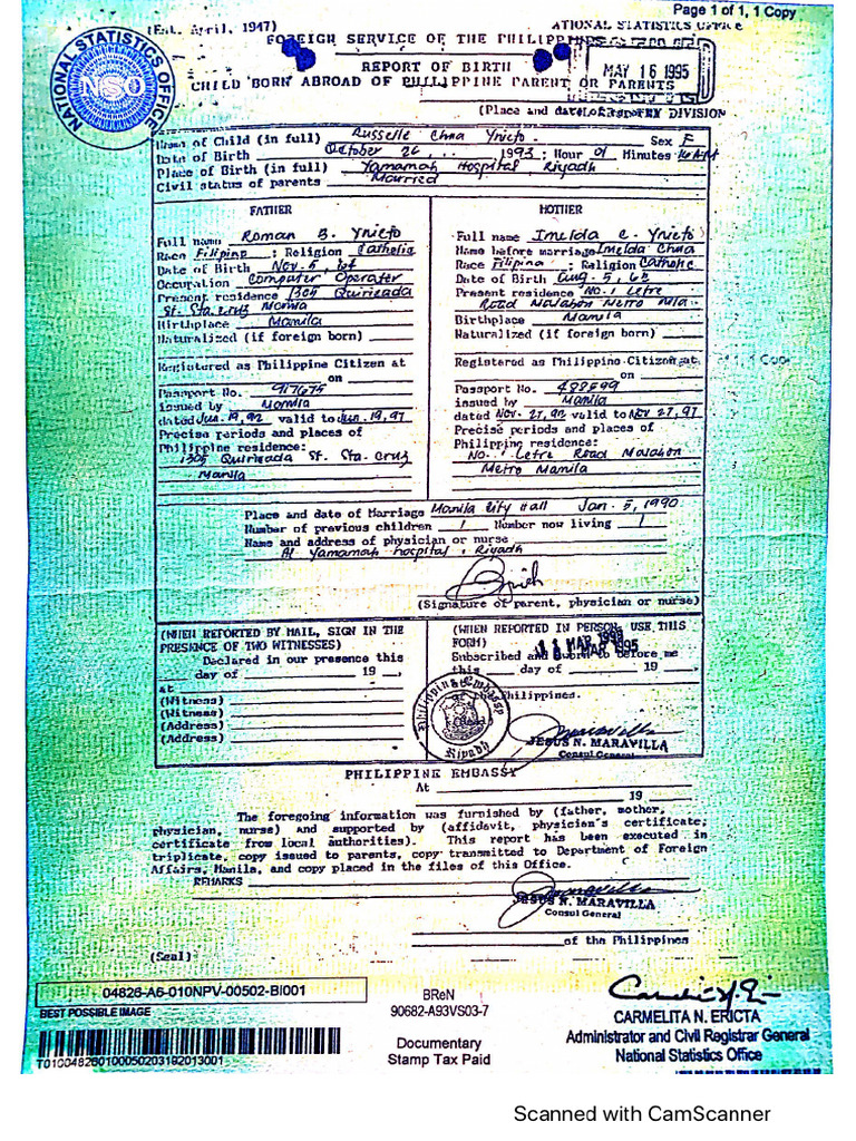 Russelle Ynieto Id Birth Certificate | PDF