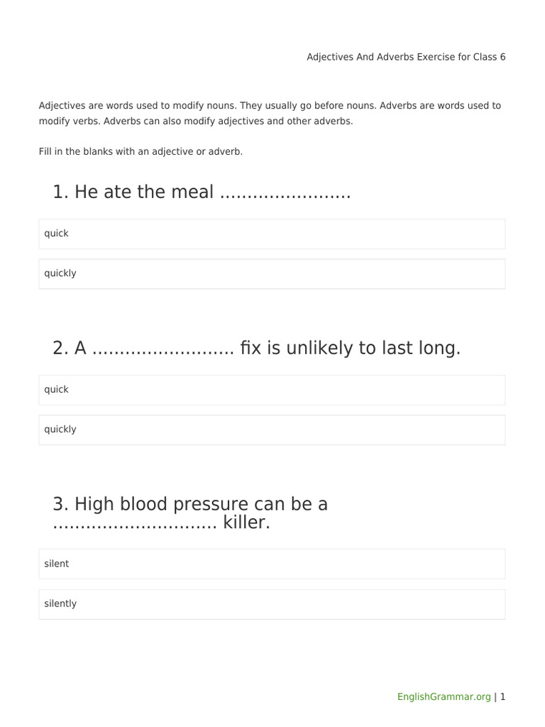 Class 6 Adjectives and Adverbs Exercises | PDF | Adverb | Adjective