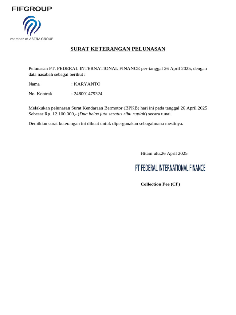 Surat Keterangan Pelunasan FIF KARYANTO | PDF