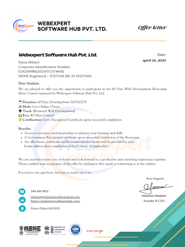 Web Development Bootcamp Offer Letter | PDF
