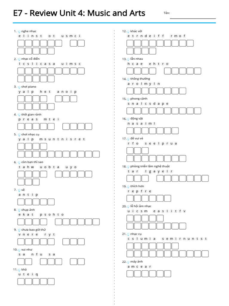 e7 review unit 4 music and arts đảo chữ | PDF