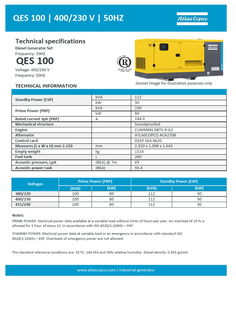 Industrial Diesel Generator QES 100 Specs | PDF | Engines | Rotating ...