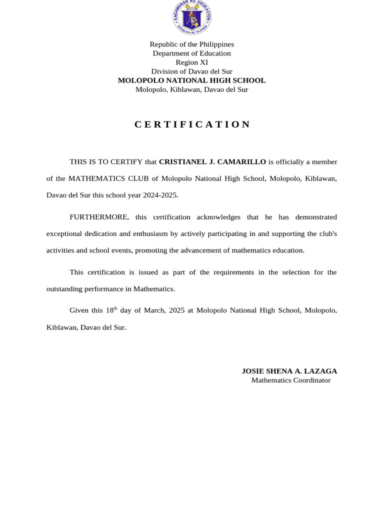 Certification of Mathematics Club Membership | PDF