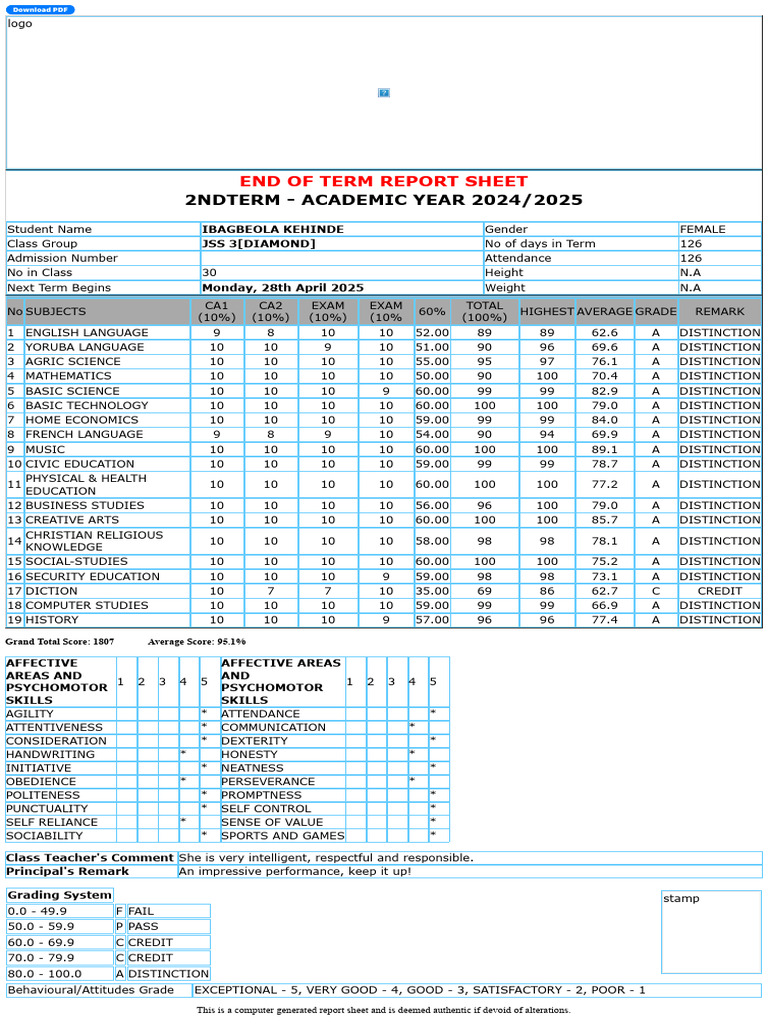 JSS 3 Term Report: Academic Performance | PDF | Intelligence | Cognition