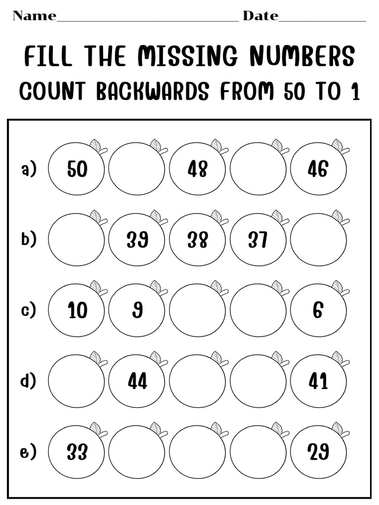 Backward Counting 50 to 1 Worksheet | PDF