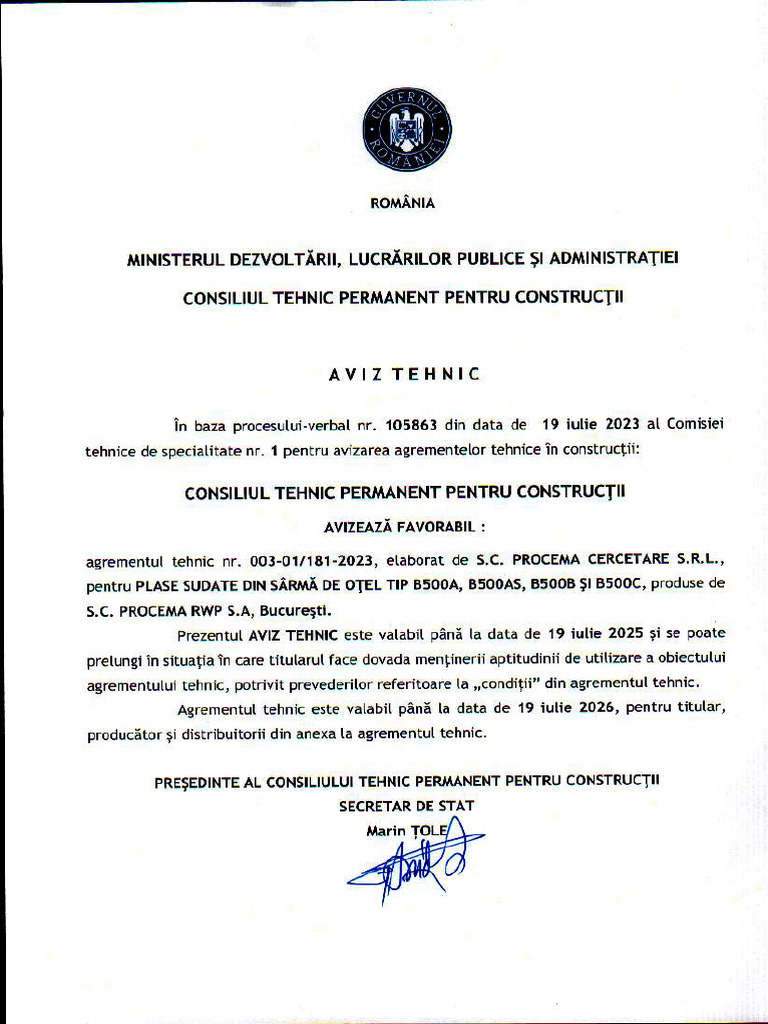 Aviz Tehnic Procema RWP Plasa at 003-01-181-2023 | PDF