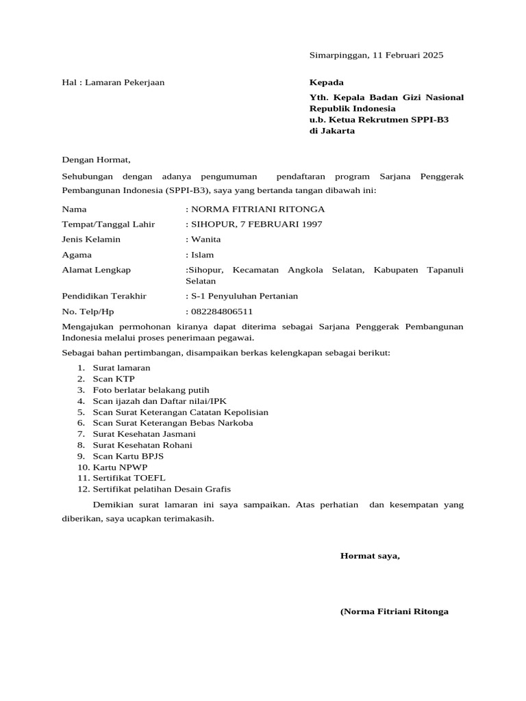 Lamaran Pekerjaan SPPI-B3 Norma Ritonga | PDF
