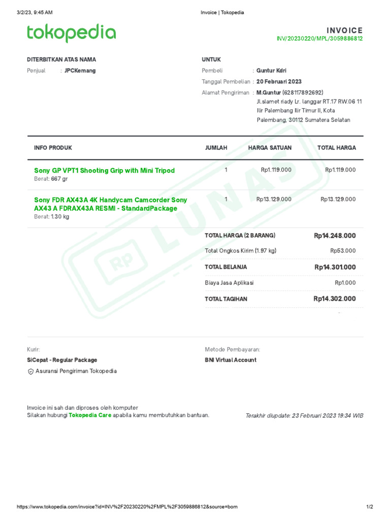 Invoice Pembelian Hadycam Sony | PDF