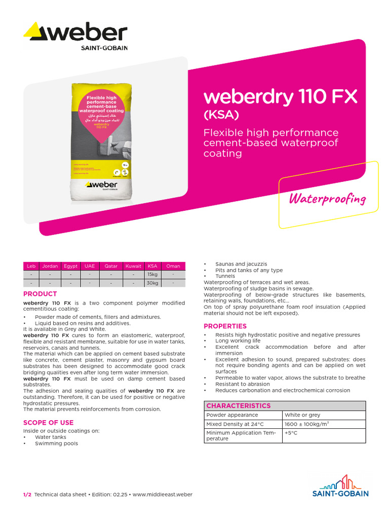 Weberdry 110 FX: Cement Waterproof Coating | PDF | Concrete | Coating