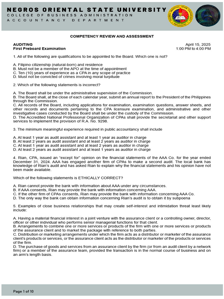 CPA Auditing Competency Assessment Guide | PDF | Audit | Internal Control