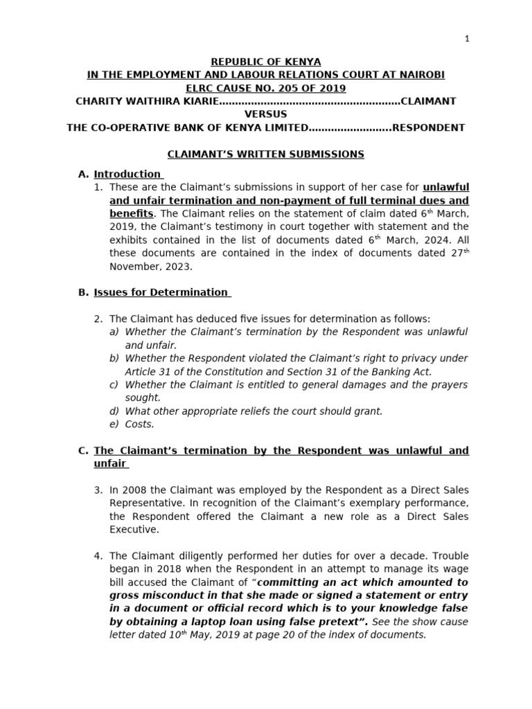 Unlawful Termination Case: Kiarie vs. Co-op Bank | PDF | Forgery | Overtime