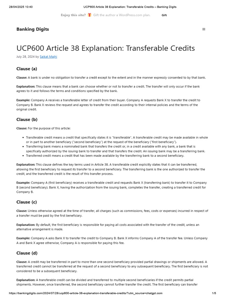 UCP 600 Article 38: Transferable Credits Explained | PDF | Letter Of ...
