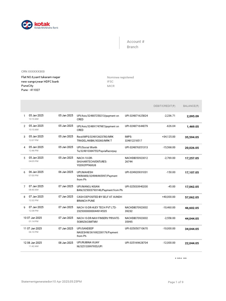 Kotak Bank UPI Transaction Statement | PDF | Debits And Credits | Payments