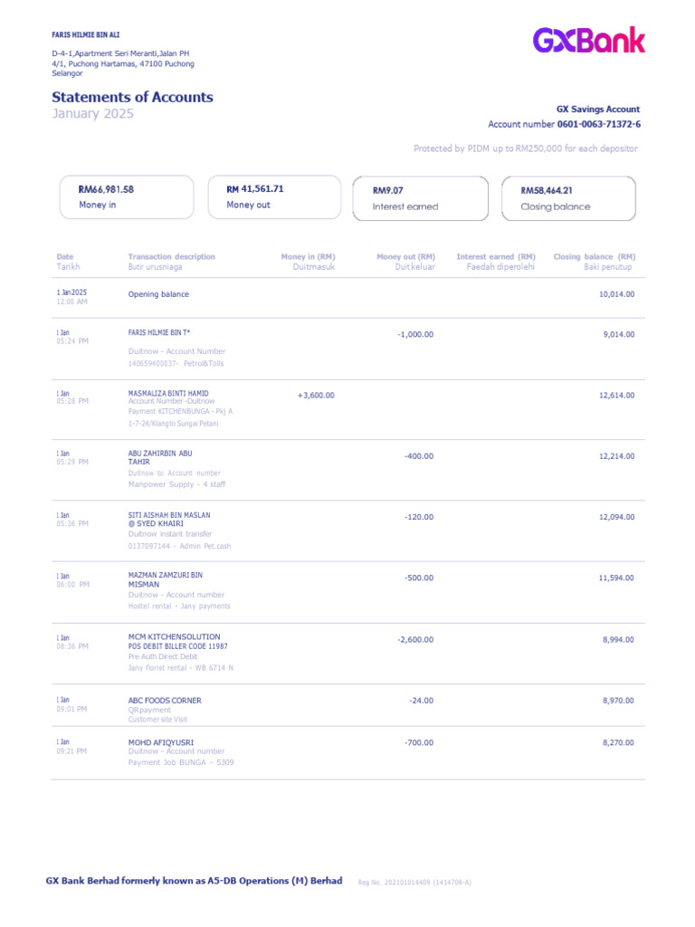 GX Bank Account Statement January 2025 | PDF | Credit Card | Debit Card