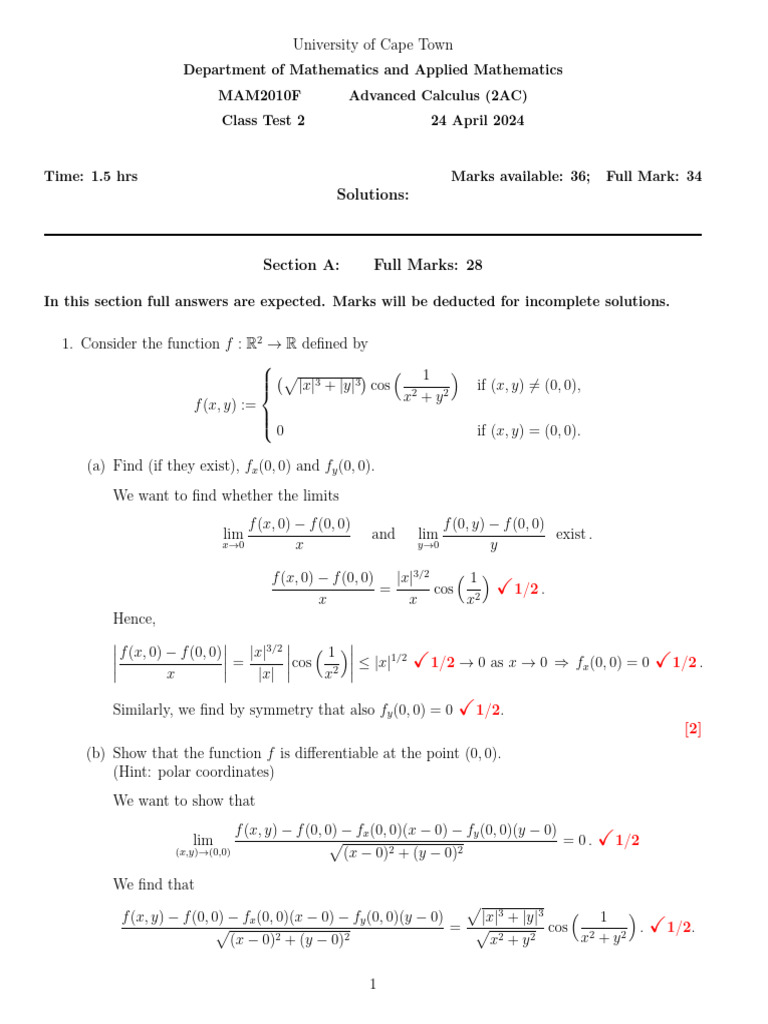 Advanced Calculus Class Test Solutions | PDF | Theoretical Physics ...
