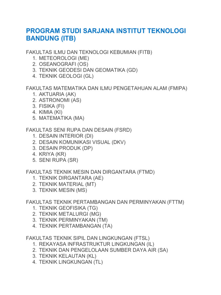 Daftar Program Studi Sarjana ITB | PDF