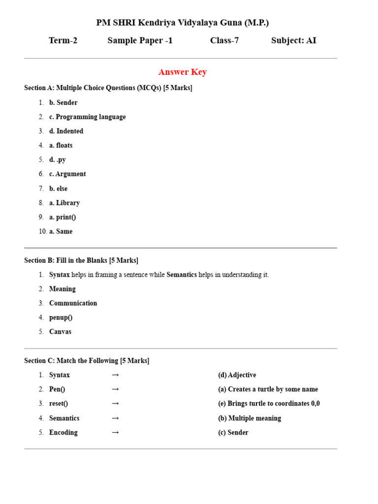 Ai Answer Key 7 Sample Paper-1 | PDF | Python (Programming Language ...