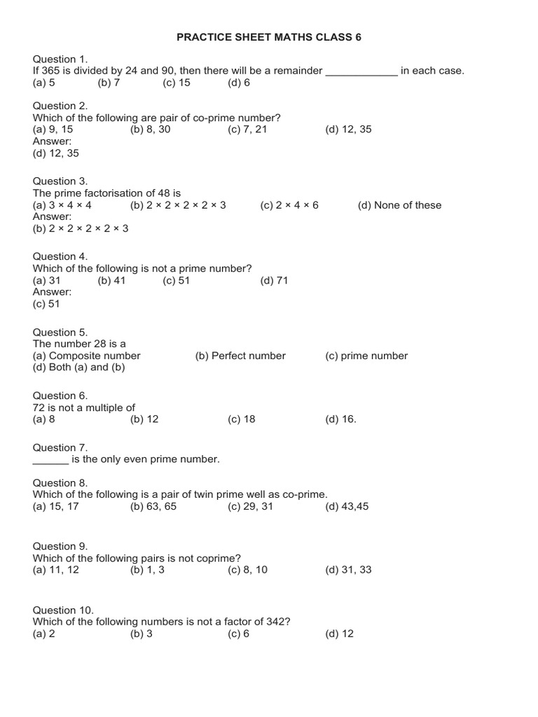 Number Theory Practice for Class 6 | PDF | Number Theory | Arithmetic