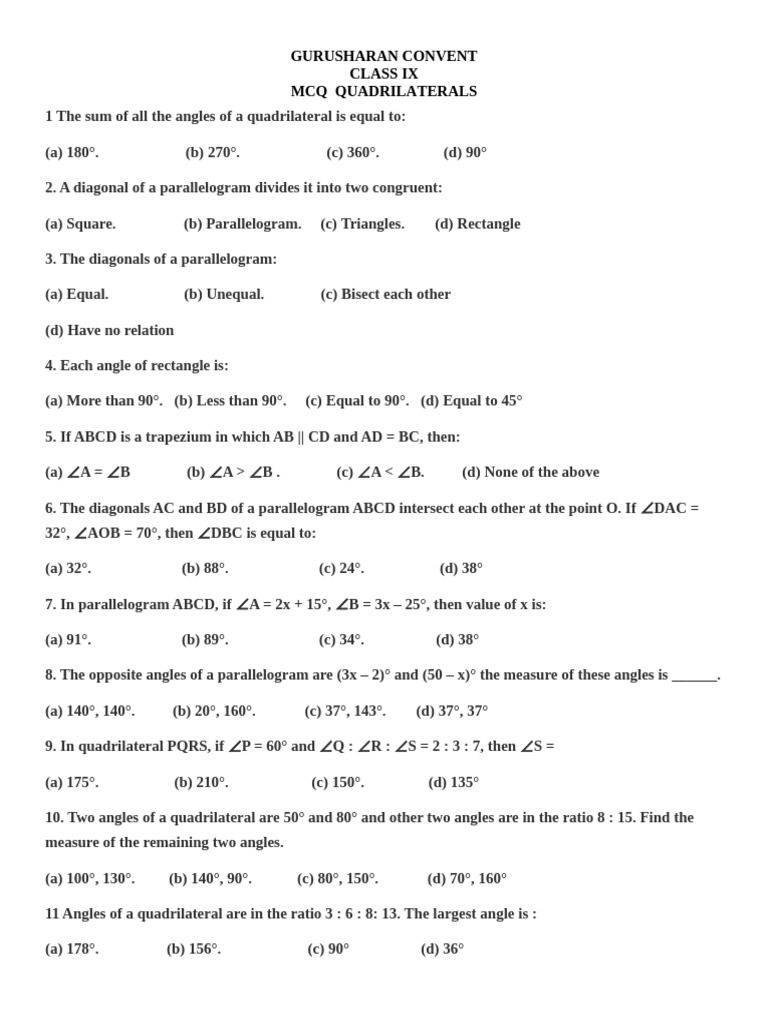 Class IX Quadrilaterals MCQ Worksheet | PDF | Rectangle | Geometry
