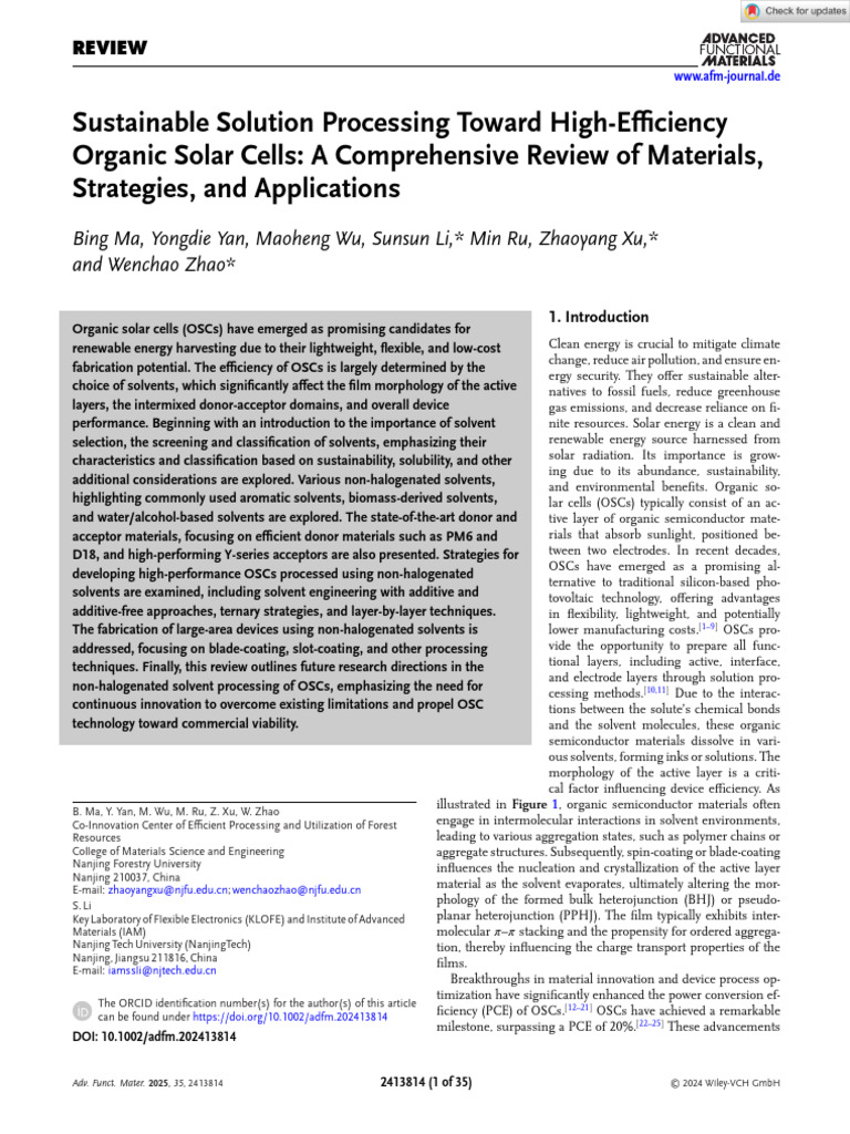 Adv Funct Materials - 2024 - Ma - Sustainable Solution Processing ...