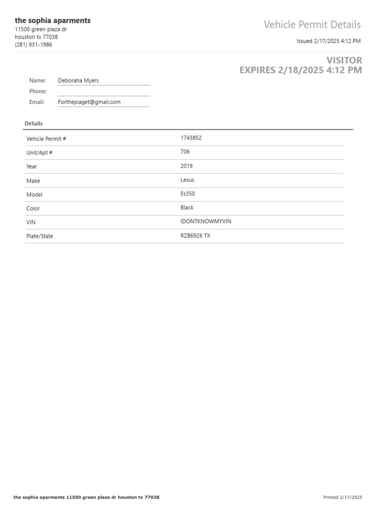 Vehicle Permit for The Sophia Apartments | PDF