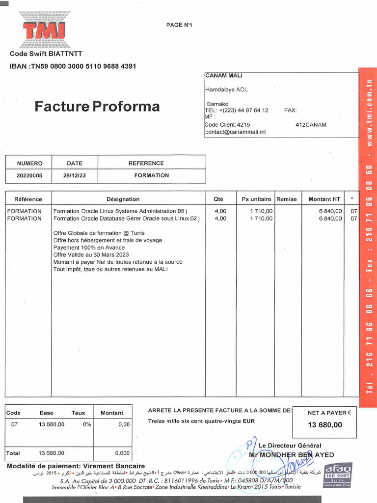 Facture Proforma N°20220005 Canam Mali - 221228 - 152135 | PDF