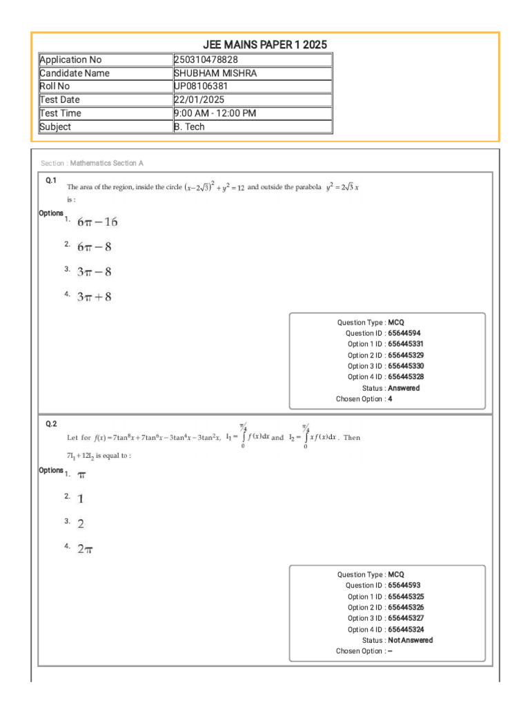 JEE Mains 2025 MCQ Answer Sheet | PDF | Multiple Choice | Career And ...