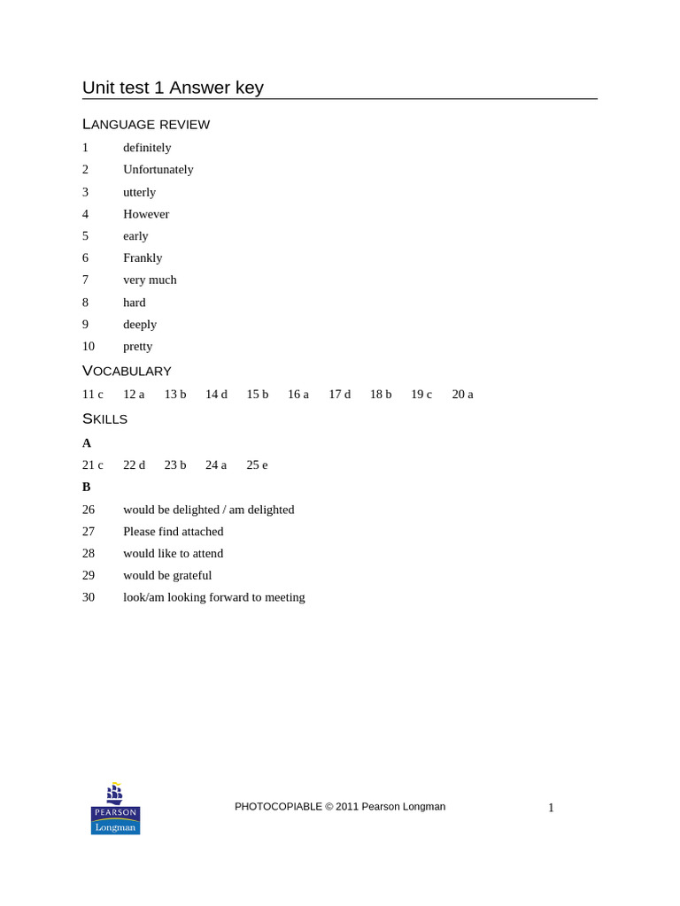 Unit Test 1 Answer Key Guide | PDF