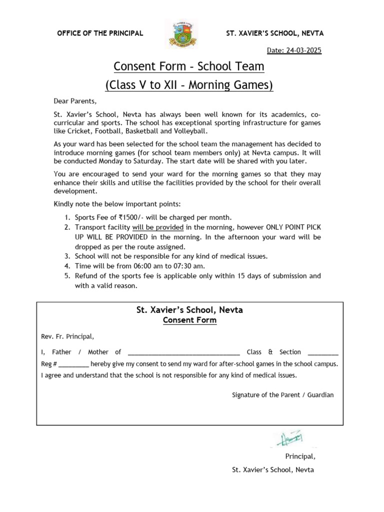 Morning Games Consent Form - St. Xavier's | PDF